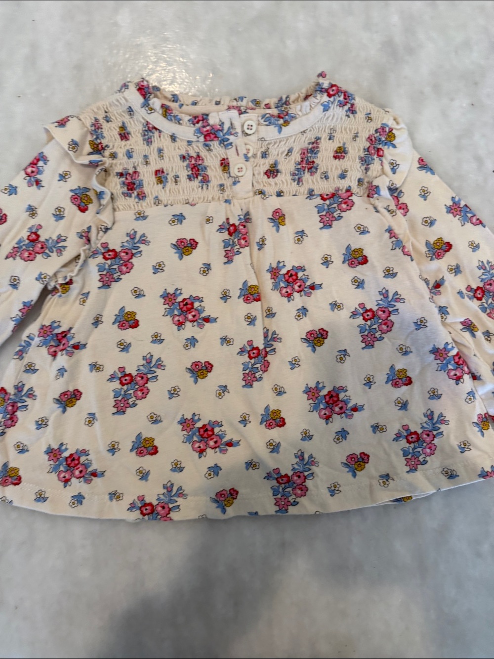 Boden Cream Long-Sleeve Floral Smocked Top
